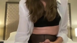 skinny brunette hair American lady-man In black pantyhose Strokes Her large dong